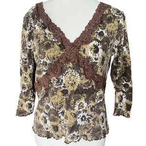 Axcess Liz Claiborne Womens L Floral Sunflower Lace Trim 3/4 Sleeve Top‎ Brown thumbnail 1