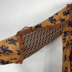 Cabi Harmony Gold Navy Ruffle Floral Peasant Semi Sheer Blouse Top XS thumbnail 10