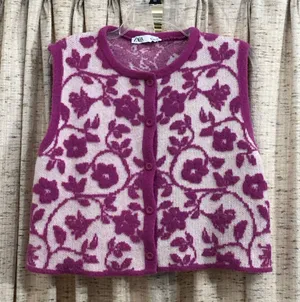 ZARA Floral Jacquard Knit Button Front Vest  thumbnail 1