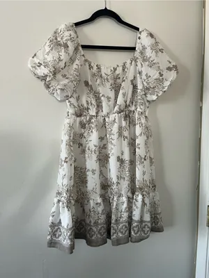 White Tan Floral Mini Dress Medium Puff Sleeve Cottagecore Balletcore Romantic thumbnail 6