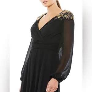 Mac Duggal Embellish Shoulder Black Blouson Sleeve Formal‎ Evening Gown Sz 8 NWT thumbnail 3