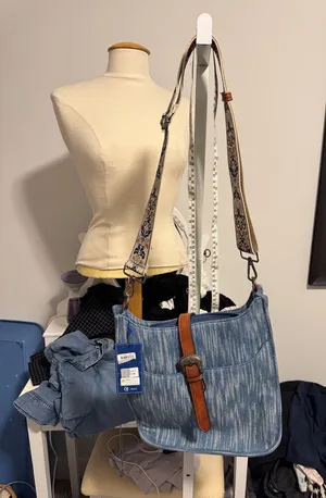 Denim Shoulder Bag with Brown Leather Accent Strap Blue thumbnail 1