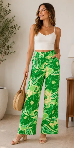 Farm Rio Tropical Groove Green Yellow Floral Bold Wide‎ Leg Flowy Resort Pants thumbnail 1