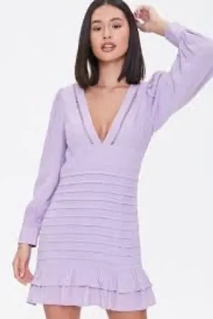 Forever 21‎ Lavender V-Neck Pintuck Mini Dress Long Sleeve Ruffle Hem Purple S thumbnail 1