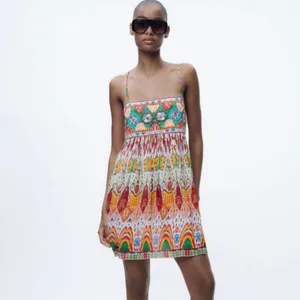 ZARA Geometric Print Straight Neck Strappy Embroidered Short Dress Size‎ Small thumbnail 6