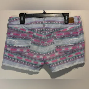 American Eagle- Pink Blue White Aztec Style Raw Hem Stretch Jean Shorts- Size 10 thumbnail 2
