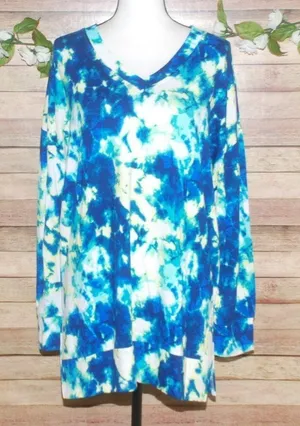 Masseys Blue Tie Dye Stretchy Pullover Tunic Top Size XL Stretch Long Sleeve thumbnail 1