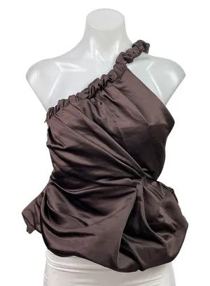 Womens Brown Satin Asymmetric Twisted One Shoulder Ruched Sleeveless Tank Top XS thumbnail 1
