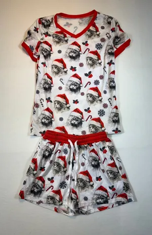 Womens Christmas Pajama Set Cat Santa Holiday Sleepwear Lounge Red White thumbnail 1