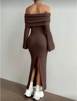 MOOSTA Elegant Charming Foldover Chocolate Brown sweater dress thumbnail 3