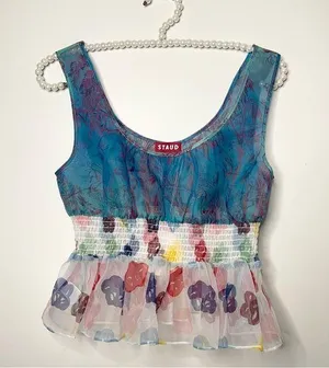 STAUD Blue and White Bustier Peplum Tank Top thumbnail 1