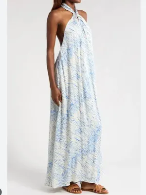 ELAN Stripe Halter Maxi Dress - Blue Sahara, Large, NWOT thumbnail 2