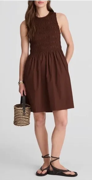 Madewell Brown The Melody Smocked Mini Dress Size XS NWT Cotton Poplin Summer thumbnail 1