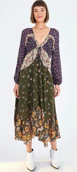 NWT Farm Rio Mixed Liberty Ruffle Silk‎ Midi Dress Beaded Womens Size L thumbnail 1