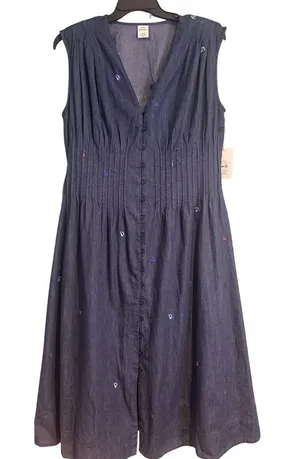 NWT Women's Large Chambray Midi Dress 100% Cotton Sailboat Embroidered Coastal thumbnail 1