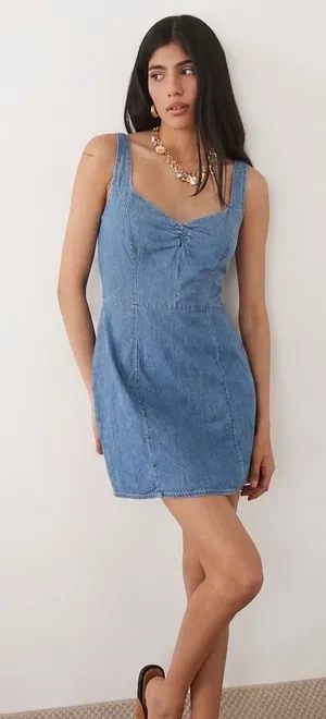 Reformation Macy Sweetheart Denim Mini Dress Size 4 Linen Blend thumbnail 1
