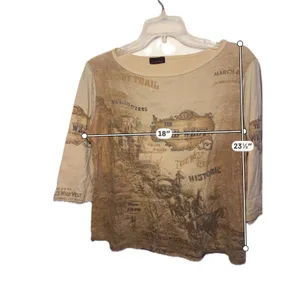 Candy Rain The Wild West Graphic Print 3/4 Sleeve Top Brown Tan Scoop Neck thumbnail 3