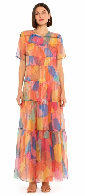 Sheer Multicolor Abstract Print Tiered Maxi Dress Short Sleeve Rainbow Medium thumbnail 1