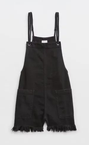Aerie Overalls Womens Large Black Denim Fringe Hem Pockets Casual Mini thumbnail 1
