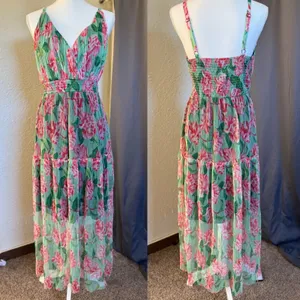 Lapis Womens‎ Floral Pleated Mesh Maxi Dress Pink Green Smocked Waist Medium thumbnail 2