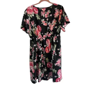 New Floral V-Neck Midi Dress Size 1X (14) Faux Wrap Neckline Flutter Sleeves thumbnail 3