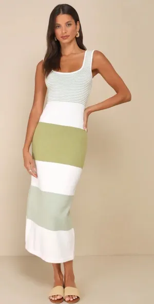 Lulus Women Dress Small Sage Green White Striped Knit Maxi Dress Coastal Chic thumbnail 1