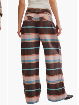 Free People Plaid Back Buckle Cotton Pants Wide Leg Bold Trousers Size 10 NWT thumbnail 8