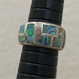 Vintage NE 925 Signed Sterling Silver Abalone Inlay Ring Band Size 6.5 5.9g thumbnail 14