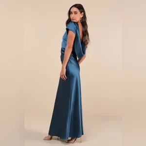 LULU’S Captivating Presence Dark Teal Satin Cowl Back Maxi Dress thumbnail 3