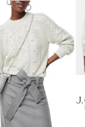 J.Crew | Medium | Cream White Pom Pom Cable Knit Sweater Lambswool Blend thumbnail 2