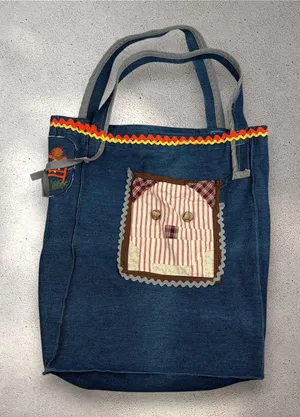 2000s Handmade Patchwork Denim Tote Bag Cottagecore Autumn Whimsy Thanksgiving thumbnail 1