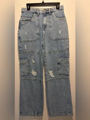 Avec Les Filles RIOU High Rise Wide Leg Cargo Jeans Tunnel Destructed Wash SZ 27 thumbnail 3