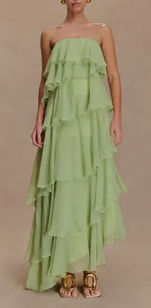 Meshki | NWT Alexa Ruffle Chiffon Strapless Maxi Dress in Pastel Lime | XS thumbnail 1