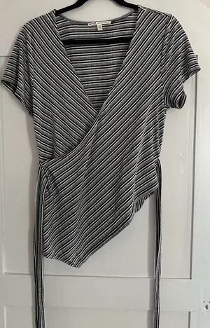 7 For All Seven Mankind Wrap Top Women L Black White Stripe Pima Cotton Tie thumbnail 4