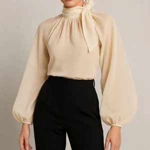 nasty gal glass fabric high neck tie back blouse cream French romance thumbnail 2