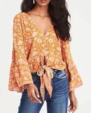 American Eagle‎ Viscose Floral V-Neck Cropped Hem Bell Sleeves Boho Top Size XS thumbnail 1