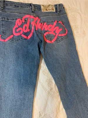 Vintage Ed Hardy Denim Bootcut Jeans Hot Pink Logo & Embroidery Ladies Sz 24 thumbnail 8