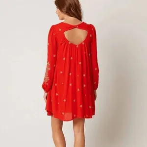 Free People Sweet Tennessee Red Tan Embroidered Long Sleeve Dress thumbnail 9