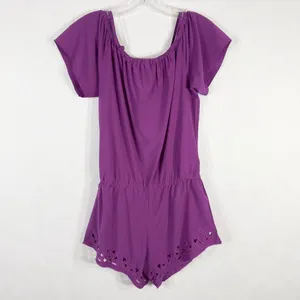 Fabletics XS Romper Perforated‎ Legs Purple Off Shoulder Short Sleeve 1304 thumbnail 2
