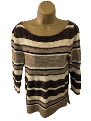 Lauren Ralph Lauren 3/4 Sleeve Striped Boat Neck Knit Sweater Brown S thumbnail 1