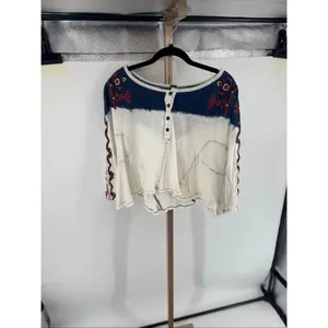 Free People We The Free Rio Henley Small Cream Navy Embroidered Indie Boho thumbnail 6
