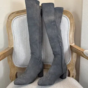Grey faux Suede Over the Knee Boots Block Heel OTK Charcoal Long Tall Boots 9 thumbnail 2