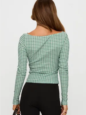 Princess Polly Every Second Boat Neck Long Sleeve Top Green Check thumbnail 4