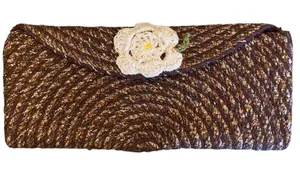 Handmade brown rope embroidered clutch crochet flower boho western 70s thumbnail 1