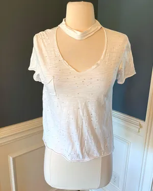The Pants Store White Crop Top Boutique Distressed Shirt Small thumbnail 1