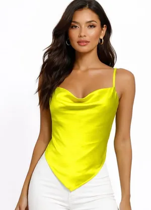 Japna Women’s XS Yellow Satin Cowl Neck Tie Back Cami Top Y2K Handkerchief Hem thumbnail 1