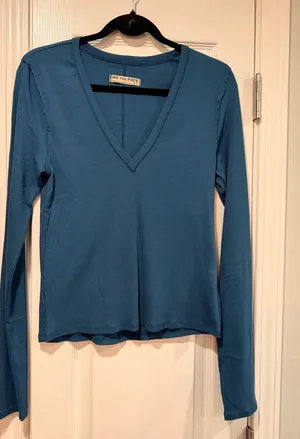 NWOT We The Free Size L Free People Ribbed V-Neck Long Sleeve Fitted Top Raw Hem thumbnail 1