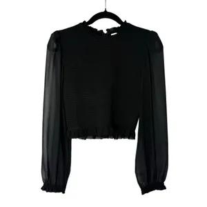 Aritzia Wilfred Tempest Blouse Black Smocked Sheer Sleeve Crop Top Size S thumbnail 3