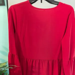 Red‎ Womens Solid Long Bell Sleeve V-Neck Tiered Babydoll Mini Dress Size Small thumbnail 2