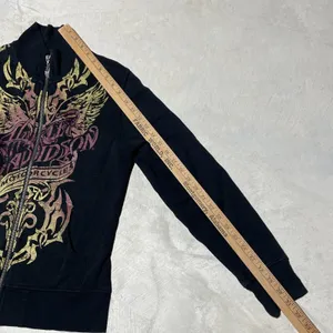Y2K Harley Davidson Women's SZ L Sweatshirt Black Collar Applique Zip AOP thumbnail 7